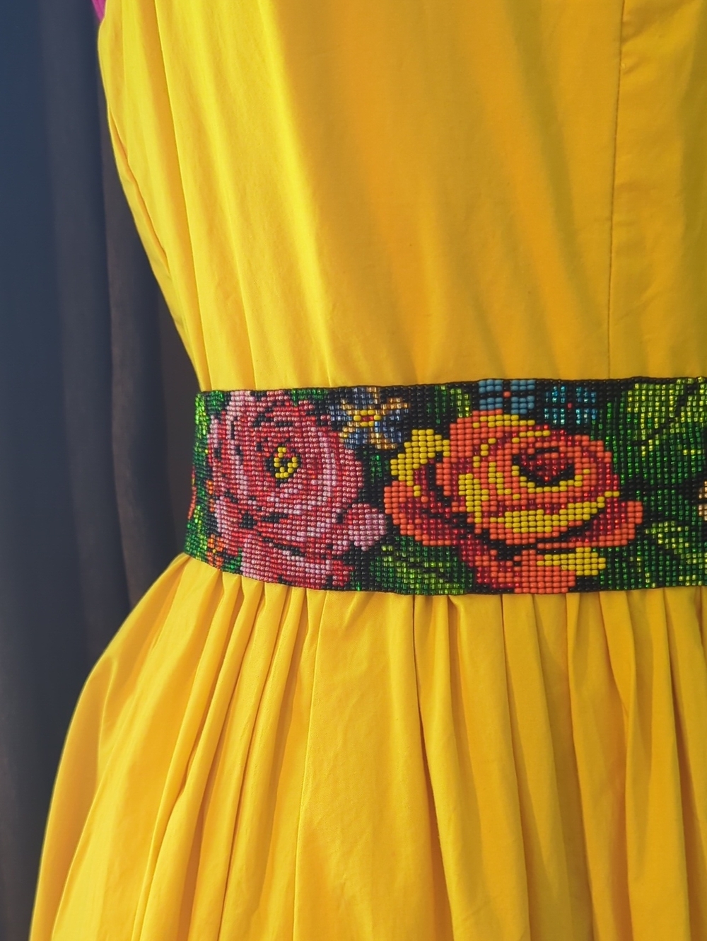 Mexican Hand-Beaded Floral Waist Belt in Multicolor for Yellow Dress